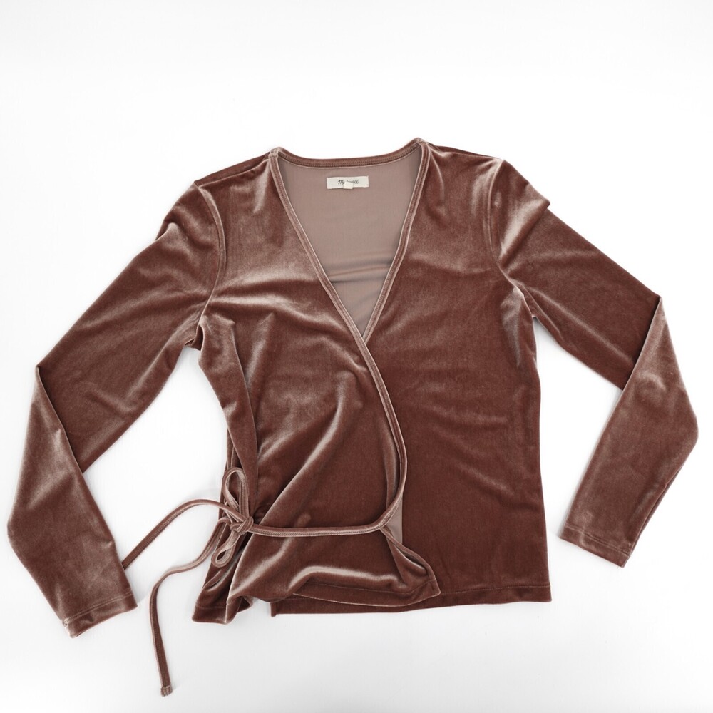 Madewell Shirt Womens Small Brown Velour Long Sleeve Tie Front V-Neck Blouse